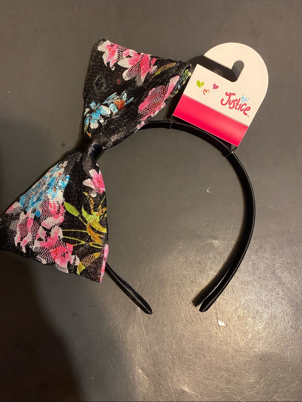Justice Black Floral Bow Headband with Pink and Blue Accents